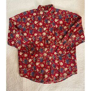 Vintage ILIO Rich Red Floral Button-Up Shirt Sz S 100% Cotton Comfort Breathable